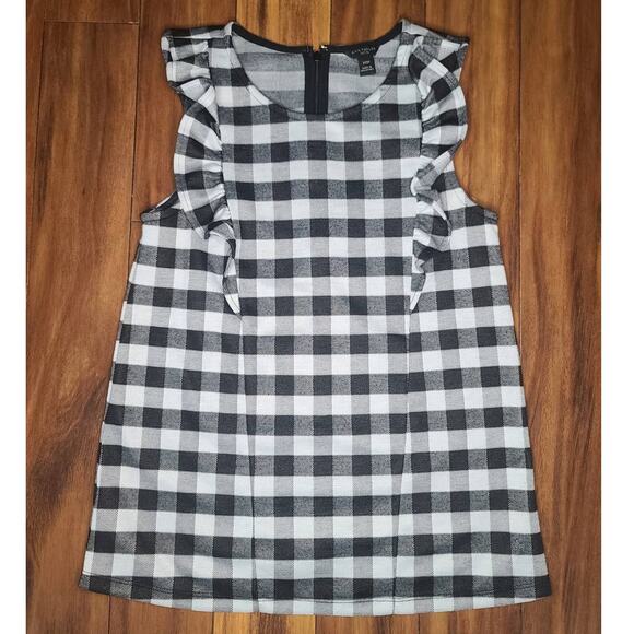 Ann Taylor black white plaid gingham ruffle sleeveless blouse - XXS petite XXSP - Picture 1 of 3